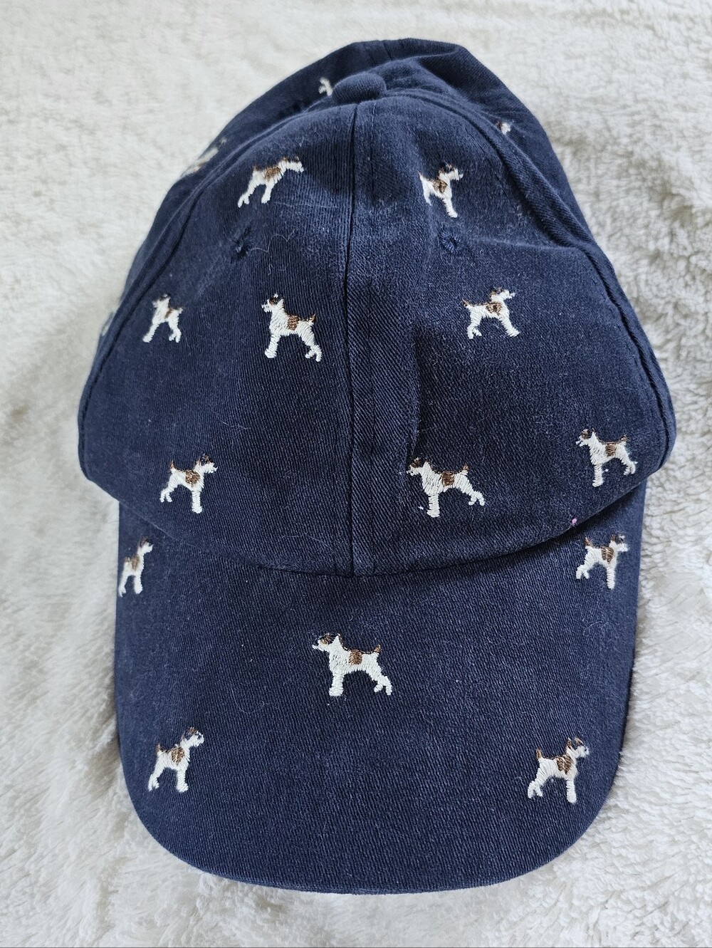 Mini Boden Kids Navy Adjustable Cap with All Over Embroidered Dogs